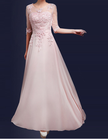 New A-Line Floor Length Chiffon Evening Dresses with Sleeves