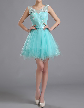 A-Line Sleeveless Short Satin Tulle Homecoming Dresses