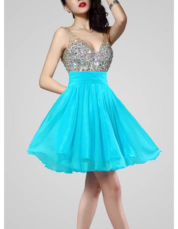 Custom Sexy A-Line V-Neck Short Chiffon Beading Homecoming Dresses