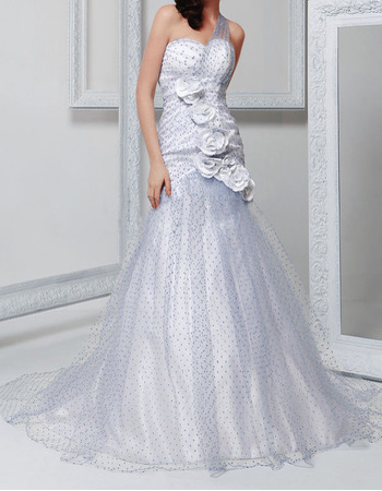 Affordable Sheath One Shoulder Court Train Tulle Dot Wedding Dresses