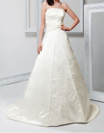 Inexpensive A-Line Strapless Court Train Satin Wedding Dresses