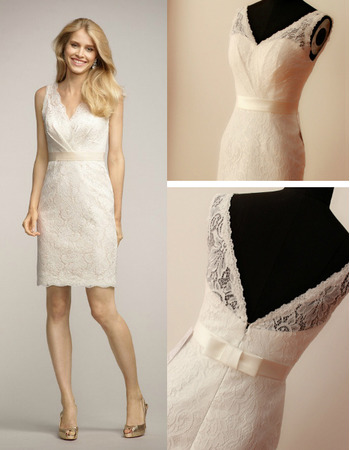 Affordable V-Neck Mini Lace Short Reception Wedding Dress with Belt