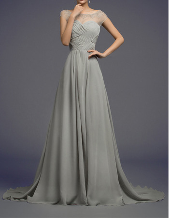 Affordable A-Line Sheer Bateau Sweep Train Chiffon Evening Dresses