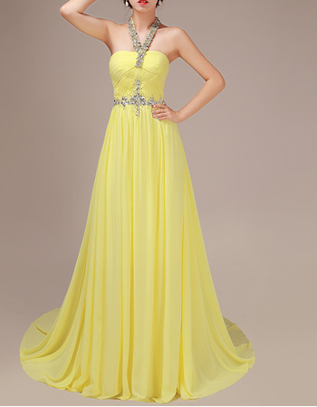 Custom A-Line Beading Halter Sweep Train Chiffon Evening Dresses