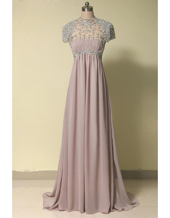 Elegant Empire Short Sleeves Long Chiffon Beading Evening Dresses