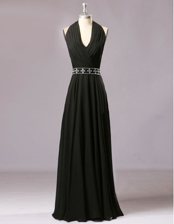 Halter Floor Length Chiffon Black Evening Dresses