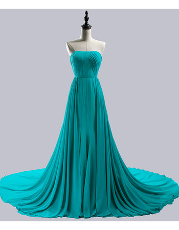 Inexpensive Strapless Sleeveless Chapel Train Chiffon Evening Dresses