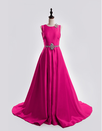 Formal A-Line Sleeveless Court Train Satin Backless Evening Dresses