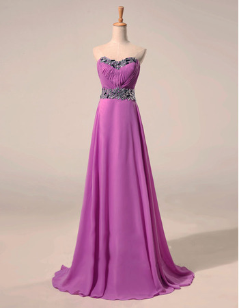 Custom A-Line Sweetheart Sweep Train Chiffon Rhinestone Evening Dress