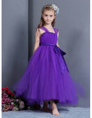 Custom Ball Gown Straps Tea Length Tulle Little Girls Party Dresses