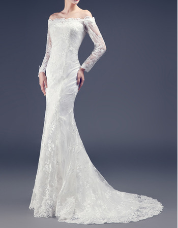 Custom Sheath Off-the-shoulder Long Lace Wedding Dresses with Sleeves
