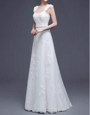 Affordable A-Line Straps Floor Length Satin Organza Wedding Dresses