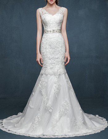 Designer Mermaid V-Neck Sleeveless Sweep Train Satin Wedding Dresses