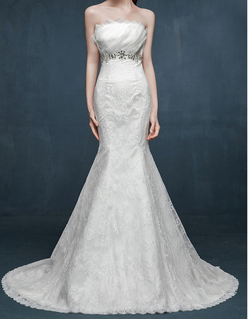 Discount Mermaid Strapless Sleeveless Sweep Train Lace Wedding Dresses