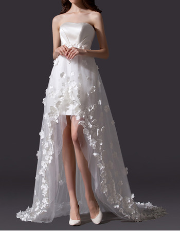 Designer Strapless High-Low Satin Tulle Applique Wedding Dresses