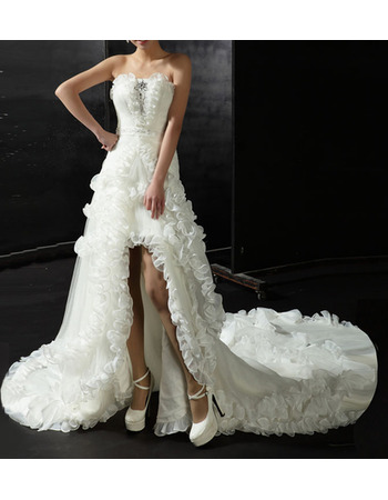 Discount Strapless High-Low Chapel Train Satin Wedding Dresses