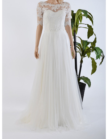 Elegant Floor Length Chiffon Tulle Wedding Dresses with Half Sleeves