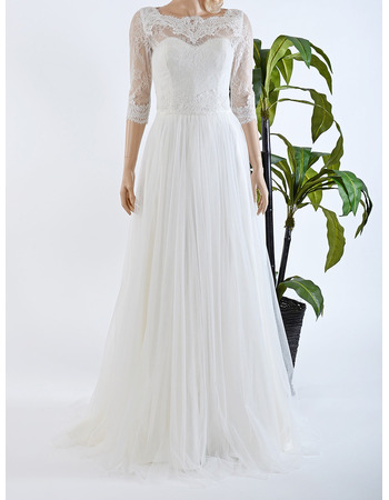 New Floor Length Chiffon Lace Wedding Dresses with 3/4 Sleeves