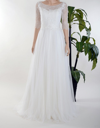Custom Bateau Long Chiffon Lace Wedding Dresses with Half Sleeves