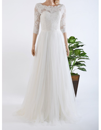 Elegant Floor Length Lace Chiffon Wedding Dresses with 3/4 Sleeves