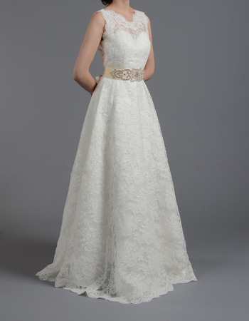 Vintage A-Line Sleeveless Floor Length Lace Wedding Dresses with Belts