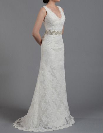 Spring Sheath V-Neck Sleeveless Floor Length Lace Wedding Dresses