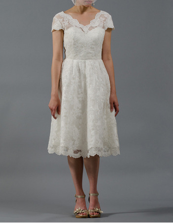 Custom Knee Length Lace Reception Wedding Dresses with Short Sleeves
