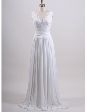 Affordable V-Neck Sweep Train Chiffon Wedding Dresses with Applique