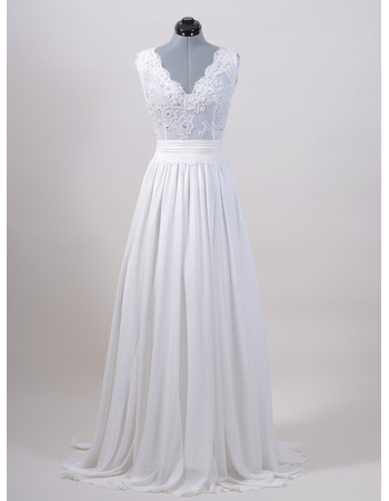 Sexy Column V-Neck Sweep Train Chiffon Wedding Dresses with Applique