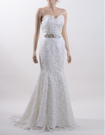 Discount Mermaid Sweetheart Sweep Train Lace Wedding Dress with Belt