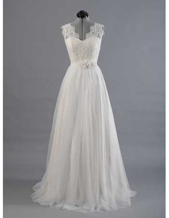 Elegant V-Neck Sweep Train Tulle Wedding Dresses with Applique