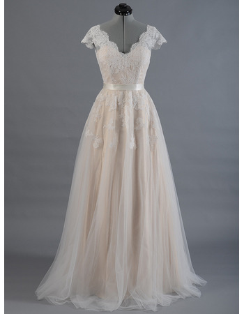 V-Neck Floor Length Tulle Wedding Dresses with Short Sleeves