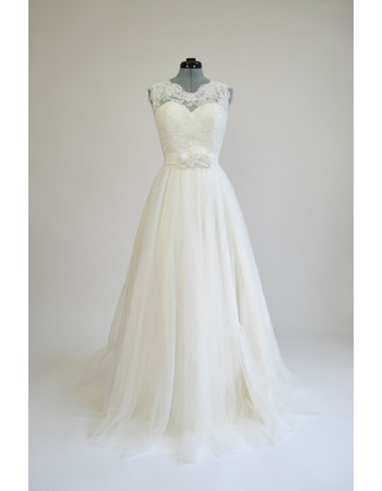 Custom A-Line Sleeveless Floor Length Tulle Wedding Dress with Sash