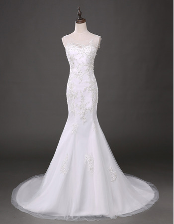 Inexpensive Sheath Round Neck Chapel Train Tulle Wedding Dresses