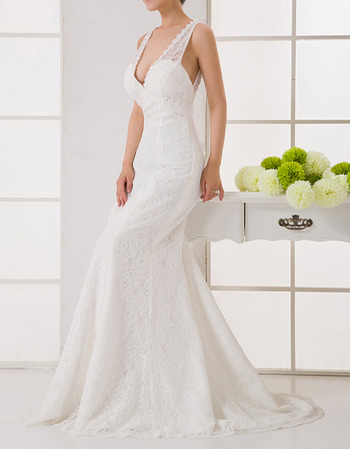 Inexpensive Sexy Sheath V-Neck Sweep Train Lace Wedding Dresses