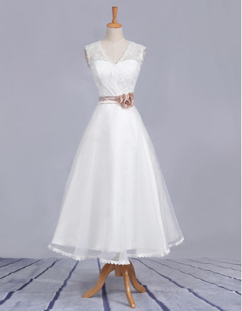 Affordable A-Line V-Neck Tea Length Satin Wedding Dresses with Belts