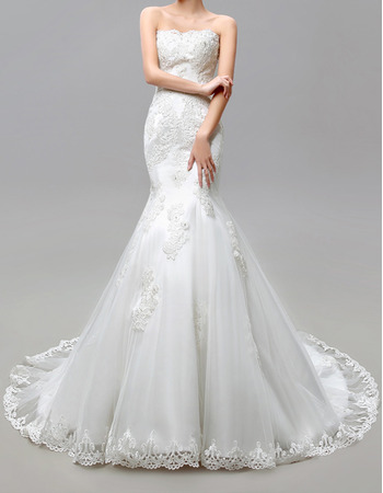 Discount Trumpet Strapless Floor Length Satin Tulle Wedding Dresses