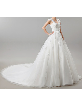 Elegant A-Line Straps Cathedral Train Satin Tulle Wedding Dresses