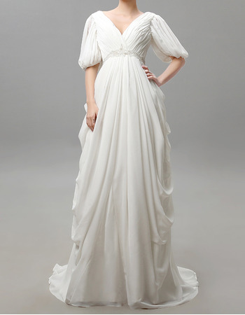 Custom Victorian Column V-Neck Chiffon Wedding Dresses with Sleeves