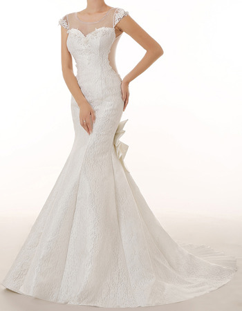 Inexpensive Trumpet Cap Sleeves Long Lace Tulle Wedding Dresses