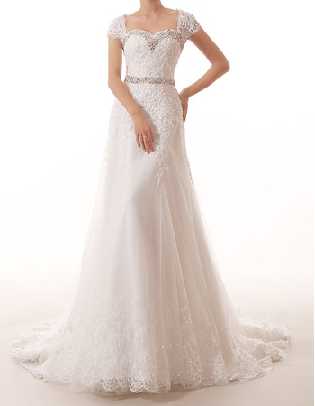 Sexy Sweetheart Cap Sleeves Long Applique Beading Wedding Dresses