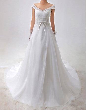 Custom A-Line Off-the-shoulder V-Neck Satin Organza Wedding Dresses