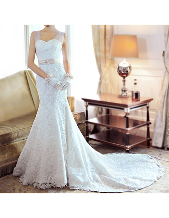 Affordable Trumpet Lace Chapel Train Wedding Dresses with Tulle Straps