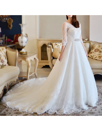 Luxurious A-Line Cathedral Train Wedding Dresses with Tulle Sleeves