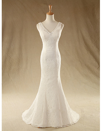 Custom Sexy Sheath V-Neck Sleeveless Sweep Train Lace Wedding Dresses