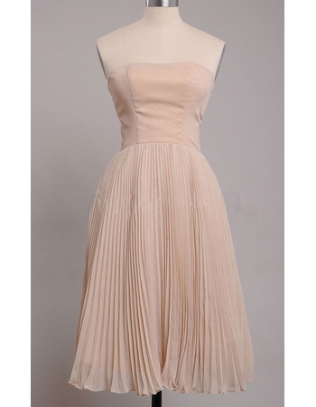 Elegant Pleated Chiffon Satin Strapless Tea Length Bridesmaid Dresses