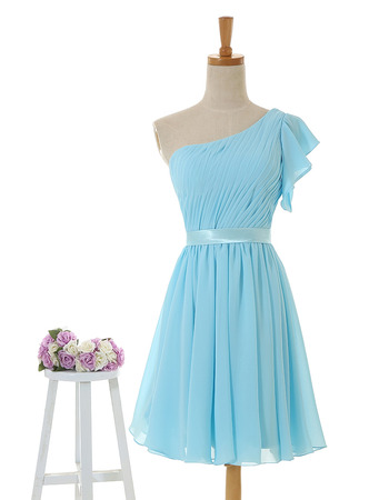 New One Shoulder Chiffon Short Bridesmaid Dresses with Belts