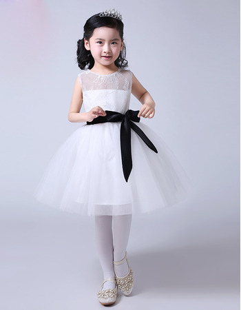 Custom Ball Gown Knee Length Tulle Flower Girl Dresses with Sashes