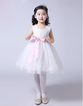 Discount Ball Gown Knee Length Flower Girl Dresses with Pink Sashes