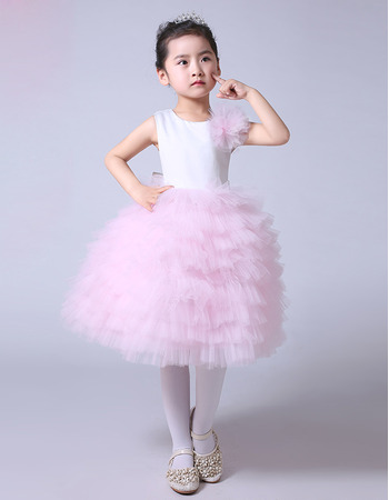 Inexpensive Knee Length Satin Tulle Layered Skirt Flower Girl Dresses